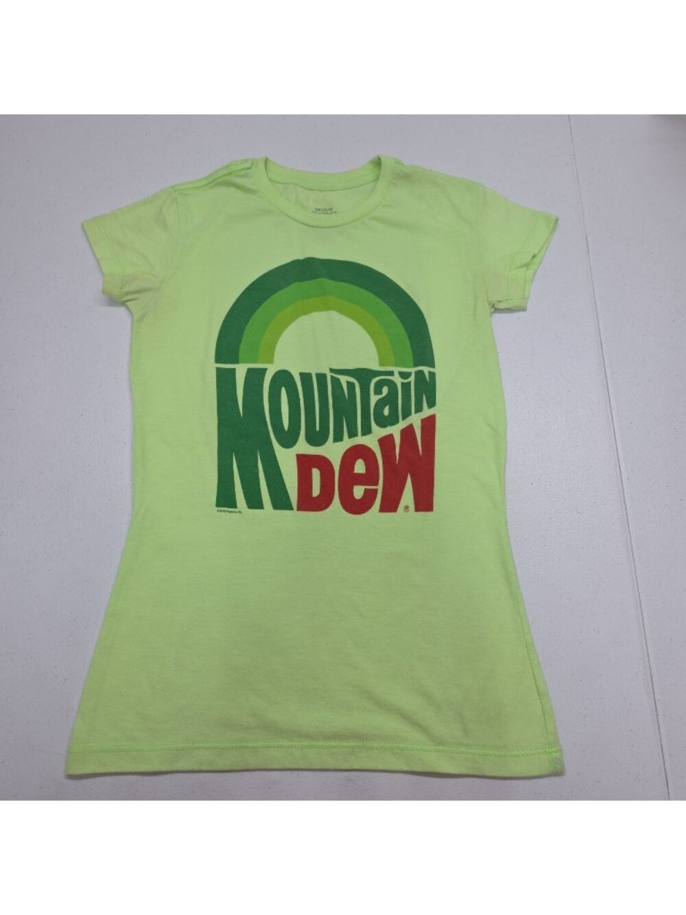 Mountain Dew TNT Women's Tshirt Mt Dew Rainbow Bright Neon Green Soda Pop Size M